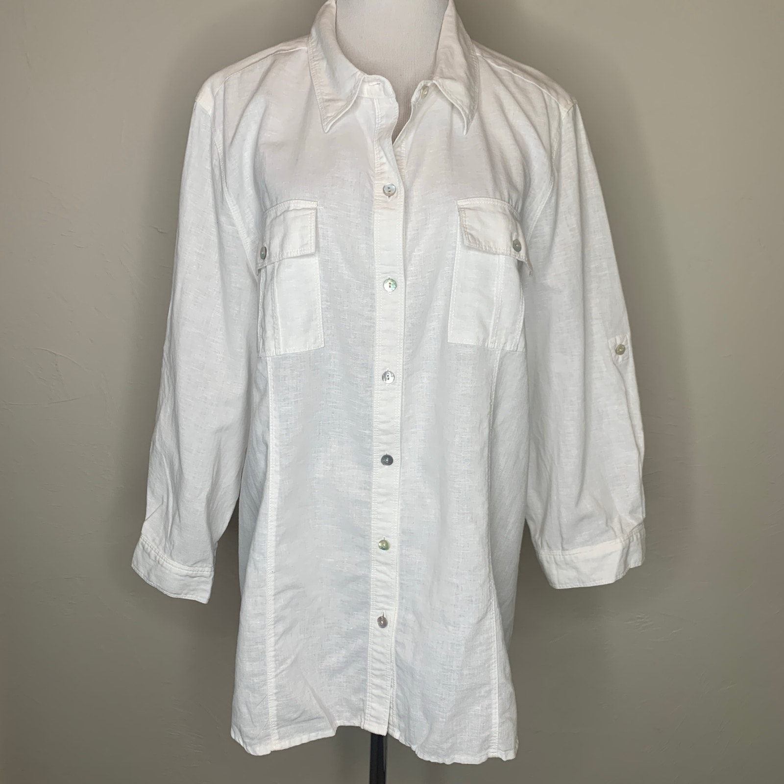 Chaus Cotton  Linen Button Down White Shirt Vintage Sz  Large